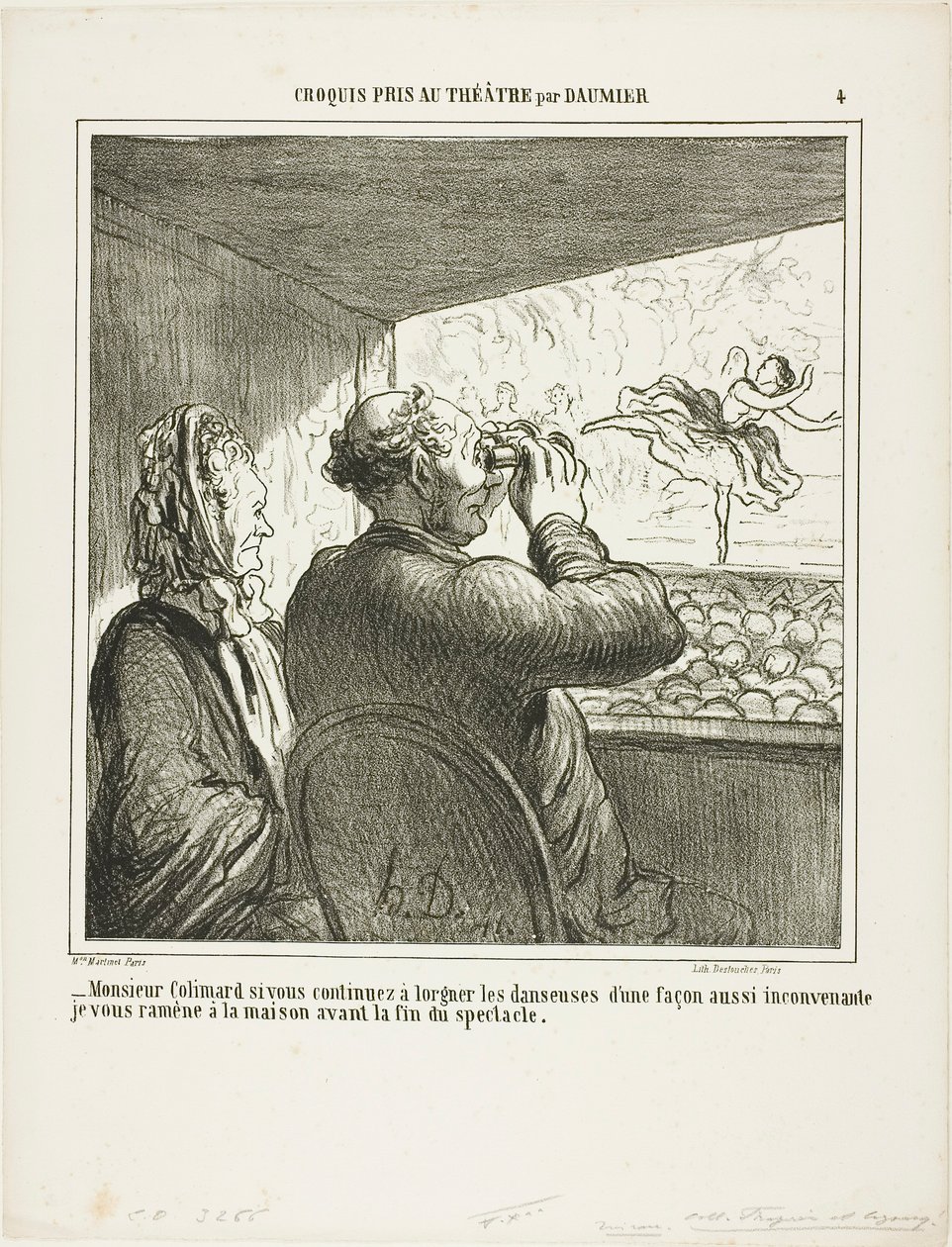 "Signor Colimard, se non smette immediatamente di guardare le ballerine in modo così sconveniente, la riporterò a casa prima della fine dello spettacolo!", lastra 4 da Croquis Pris Au Théatre par Daumier da Honoré Victorin Daumier