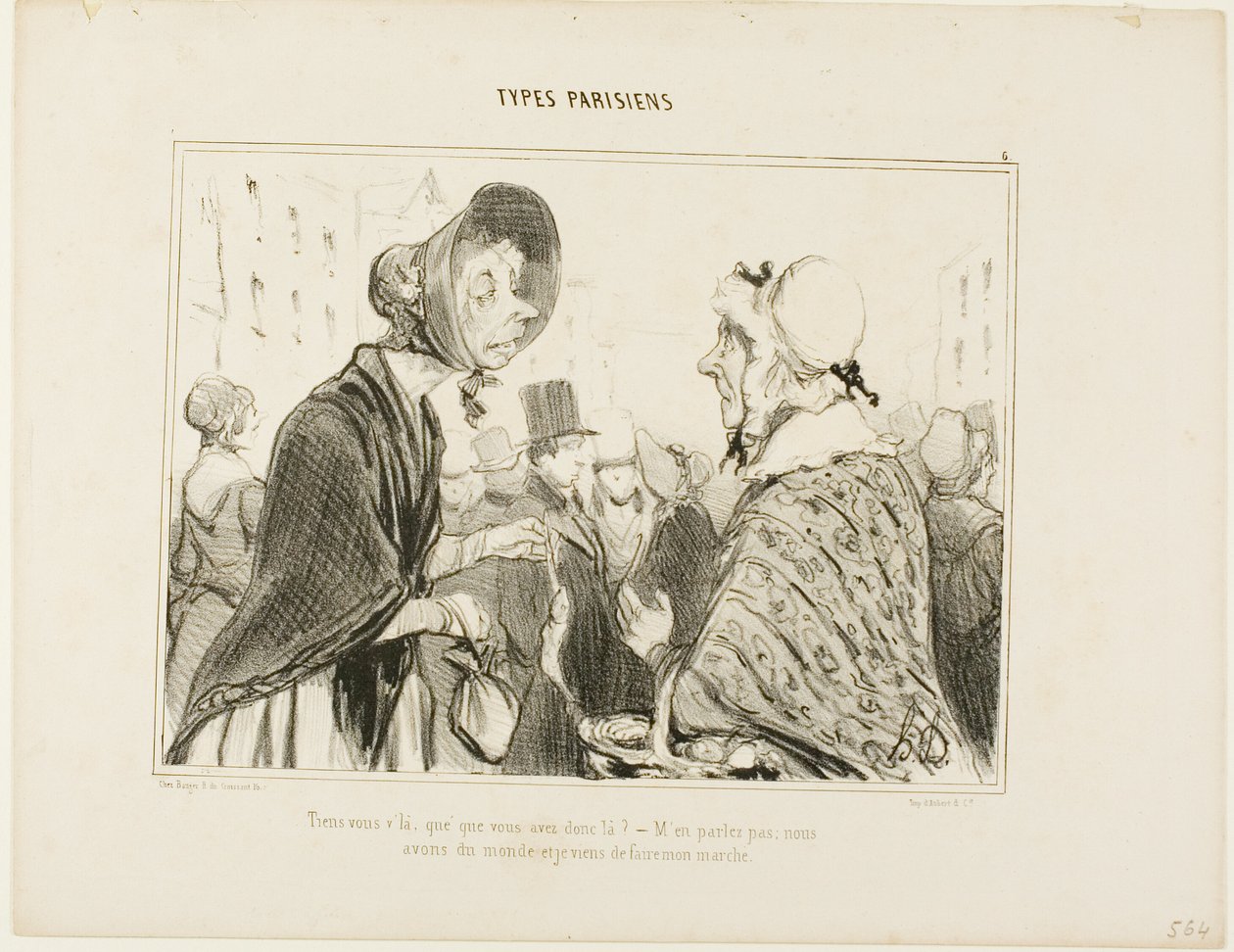 "- Oh, eccoti qui..... cosa hai lì ..... - Non parliamone.... abbiamo ospiti, e io ho appena fatto la spesa", piatto 6 da Types Parisiens da Honoré Victorin Daumier