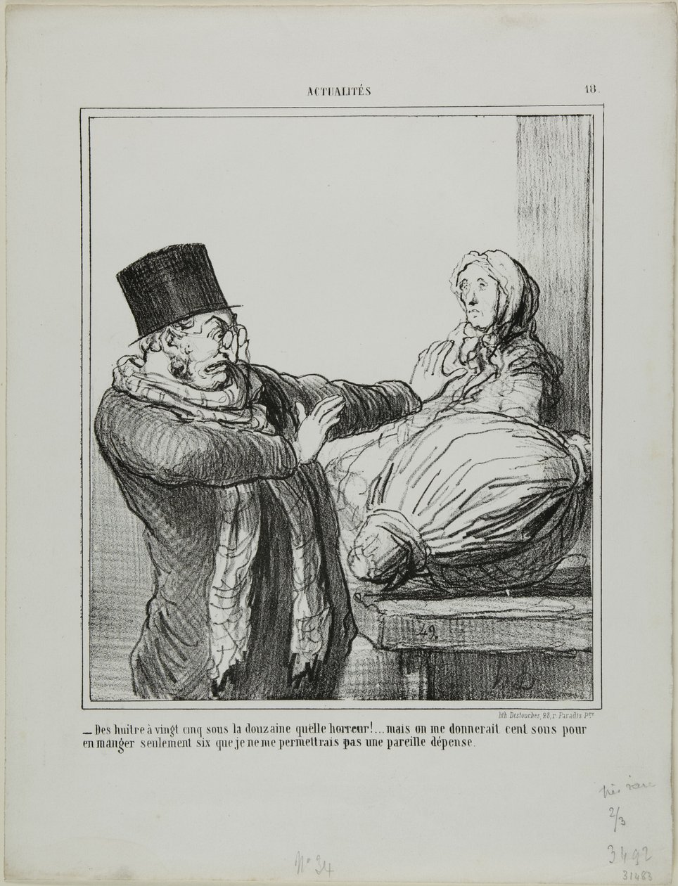 "- Ostriche a 25 sous la dozzina, orribile!... Anche se mi dessero 100 sous per mangiarne mezza dozzina, non mi permetterei una tale spesa", piatto 18 da Actualités da Honoré Victorin Daumier
