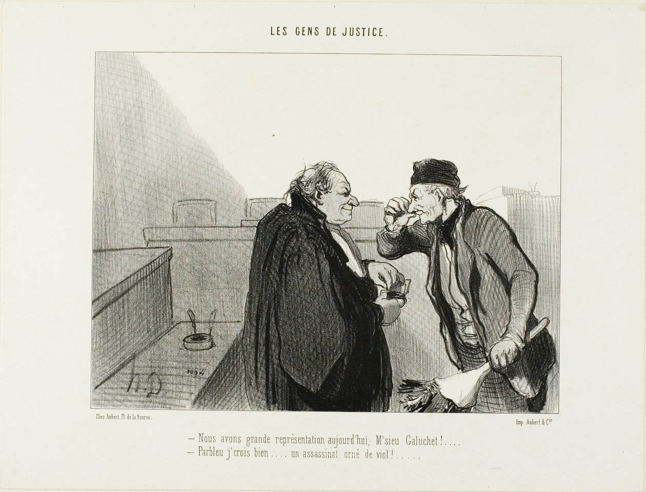 "- Dovrebbe essere una grande performance oggi, signor Galuchet... - Credo di sì... Un caso di omicidio con uno stupro in mezzo...", piatto 31 di Les Gens De Justice. da Honoré Victorin Daumier