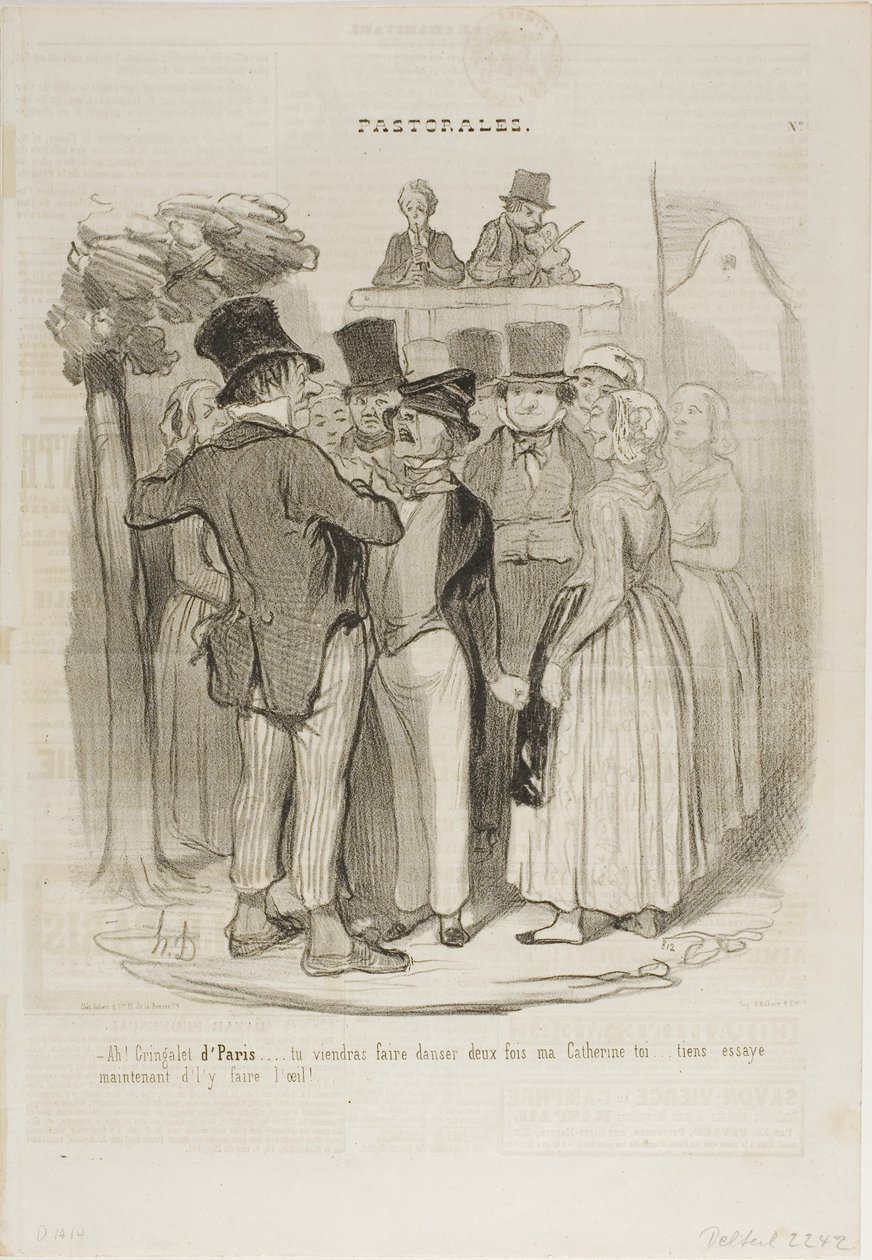 "- Allora, Gringalet di Parigi!.... danzerai due volte con la mia Catherine ...... riprova ora a farle gli occhi da pecora", piatto 27 da Pastorales da Honoré Victorin Daumier
