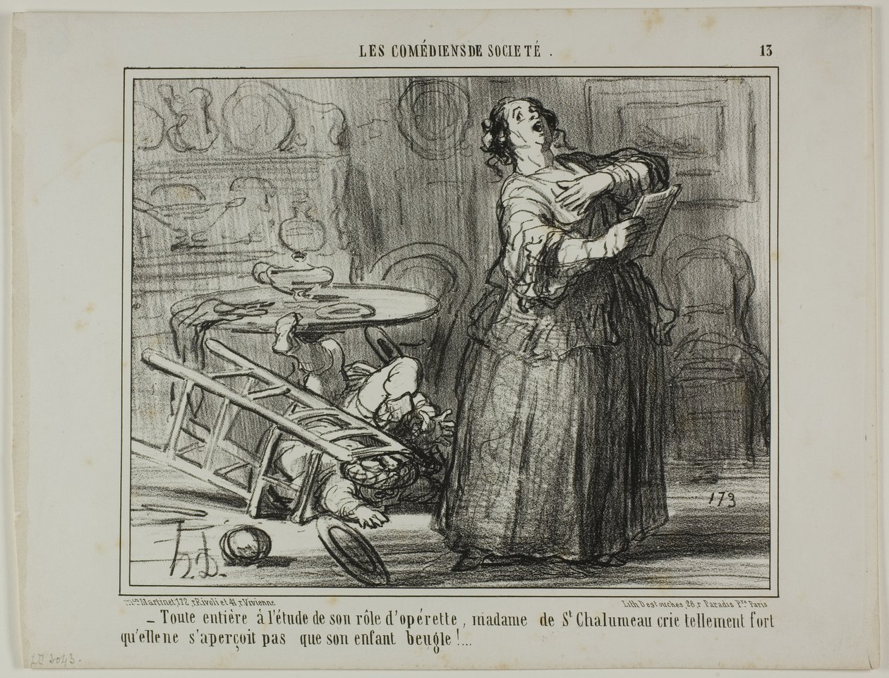 - Presa dalla sua parte di operetta, Madame de St. Chalumeau grida così forte da non accorgersi del muggito del figlio, tavola 13 da Les Comédiens De Société da Honoré Victorin Daumier