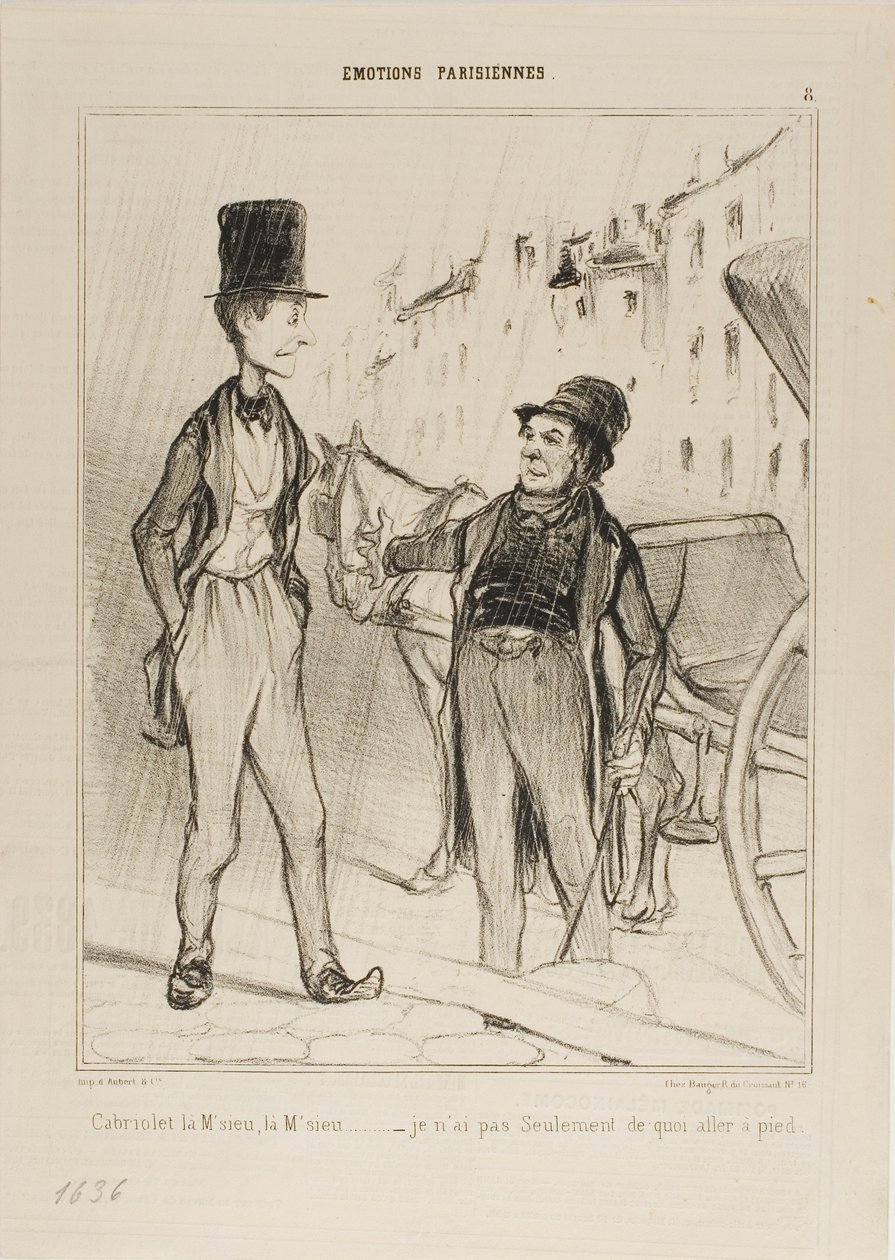 "Taxi Monsieur Taxi - Non ho neanche i soldi per camminare", piatto 8 da Émotions De Parisiens da Honoré Victorin Daumier