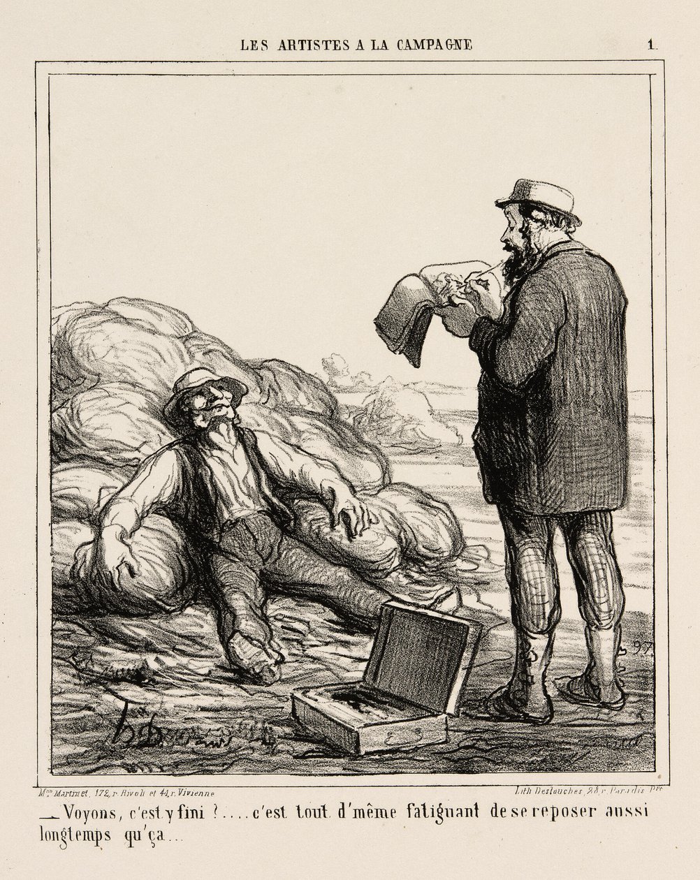 "- Bene, avete finalmente finito... dopo tutto è faticoso rilassarsi per così tanto tempo", piatto 1 di Les Artistes A La Campagne da Honoré Victorin Daumier