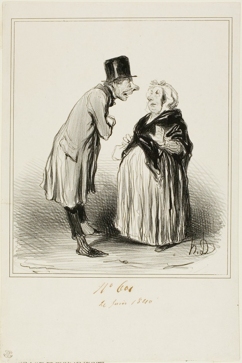 "- Ebbene sì, è vero, la figlia di Mame Chopin si è sposata ieri con il figlio di Durand. Ho appena parlato con il giovane e da quello che mi ha detto (in piena confidenza), lei deve averne avuti di strani prima di lui...", tavola 6 da Les Parisiens da Honoré Victorin Daumier
