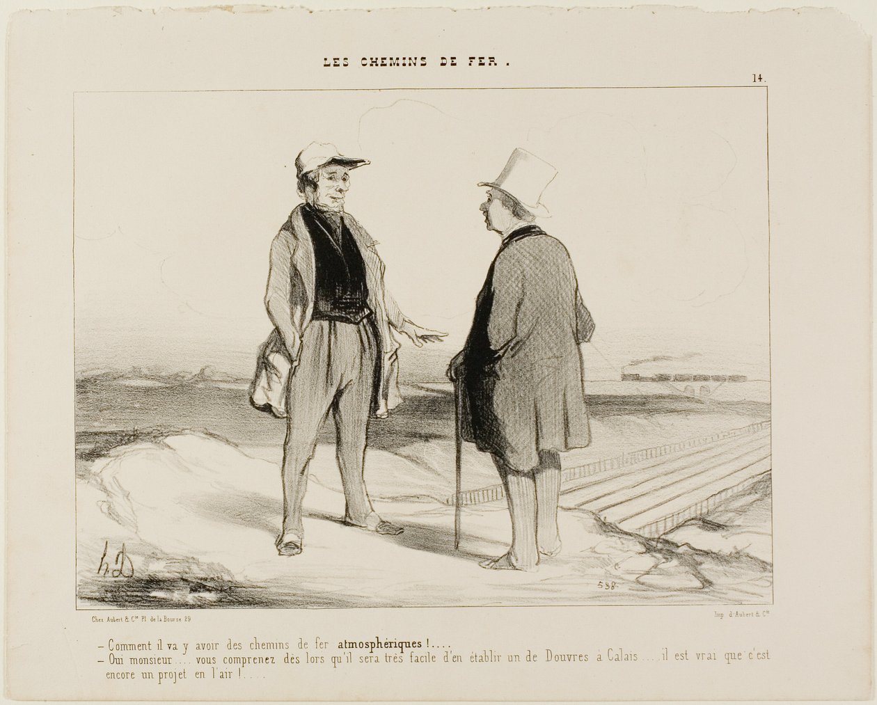 "- Come sarebbe a dire che presto ci saranno treni aerei - Ma certo, Monsieur... vede, sarà poi molto facile stabilire un collegamento tra Dover e Calais... ma naturalmente il progetto è ancora sospeso in aria", piatto 14 da The Railr da Honoré Victorin Daumier