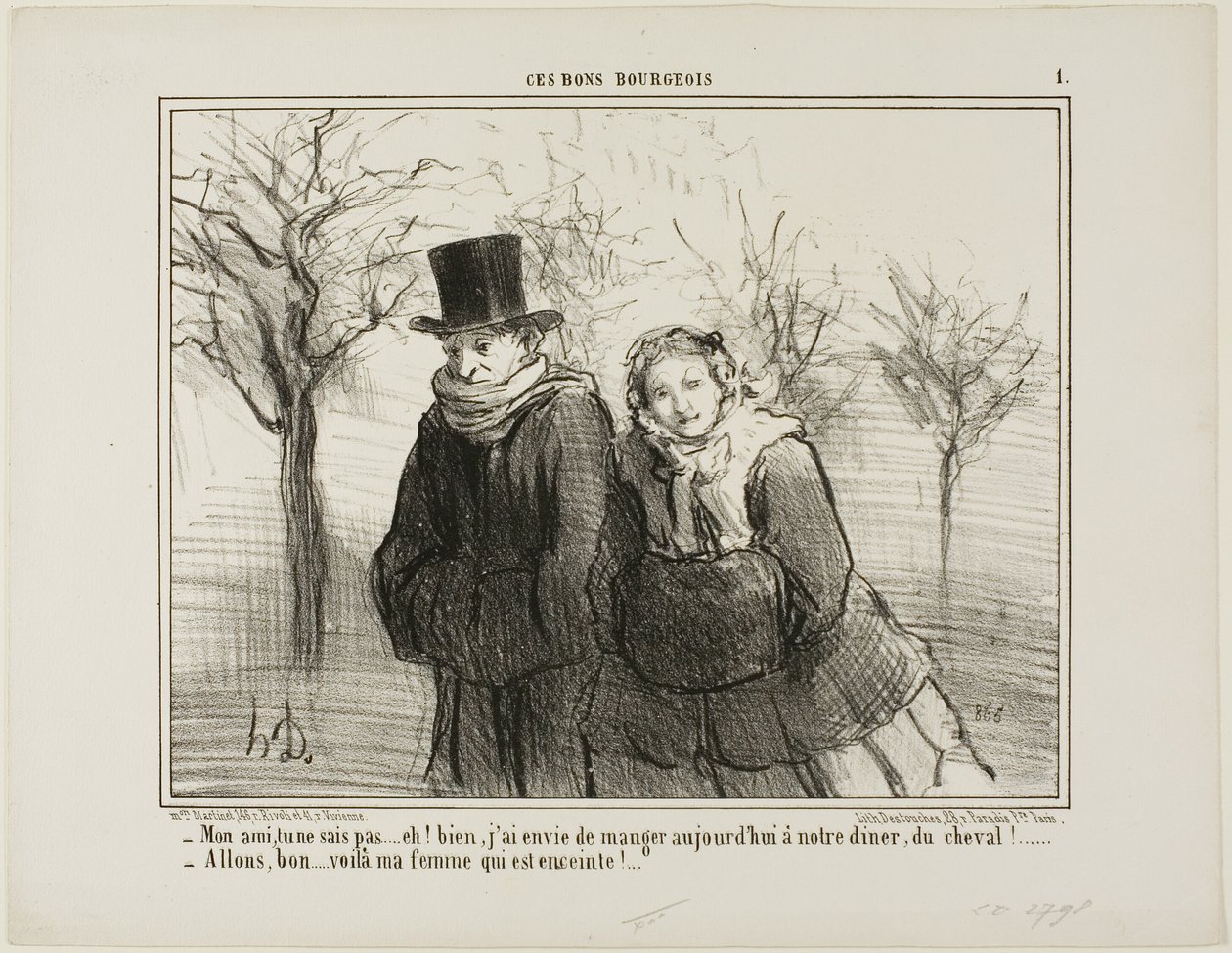 "- Sai mia cara, non ci crederai mai, ma credo che mi piacerebbe avere della carne di cavallo per cena stasera! - Ecco fatto.... mia moglie deve essere incinta!", piatto 1 da Ces Bons Bourgeois da Honoré Victorin Daumier