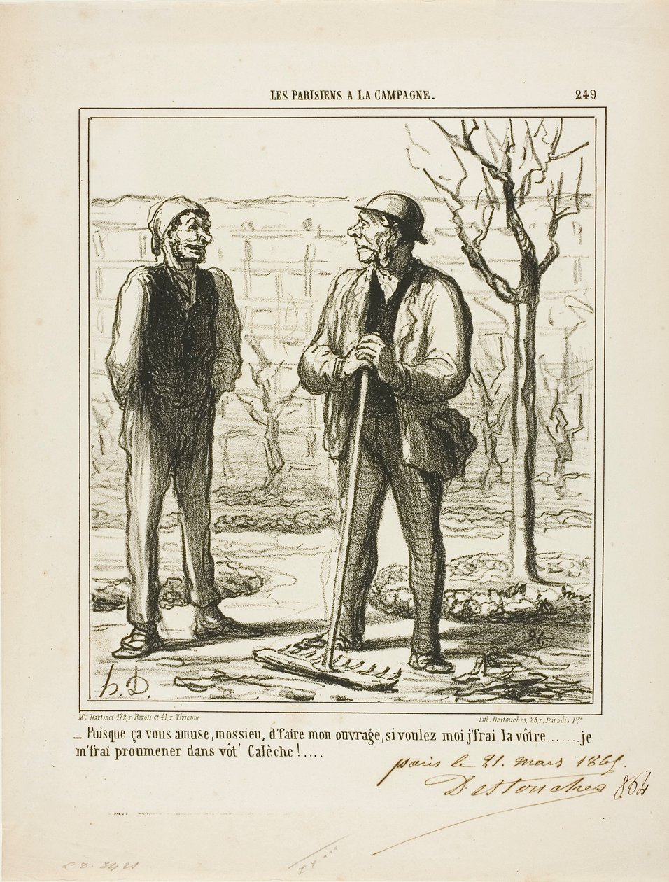 "- Sembra che ti piaccia fare il mio lavoro. In cambio potrei offrirmi di fare il tuo lavoro: Andrò a fare un giro nella tua carrozza!", piatto 249 da Les Parisiens A La Campagne da Honoré Victorin Daumier