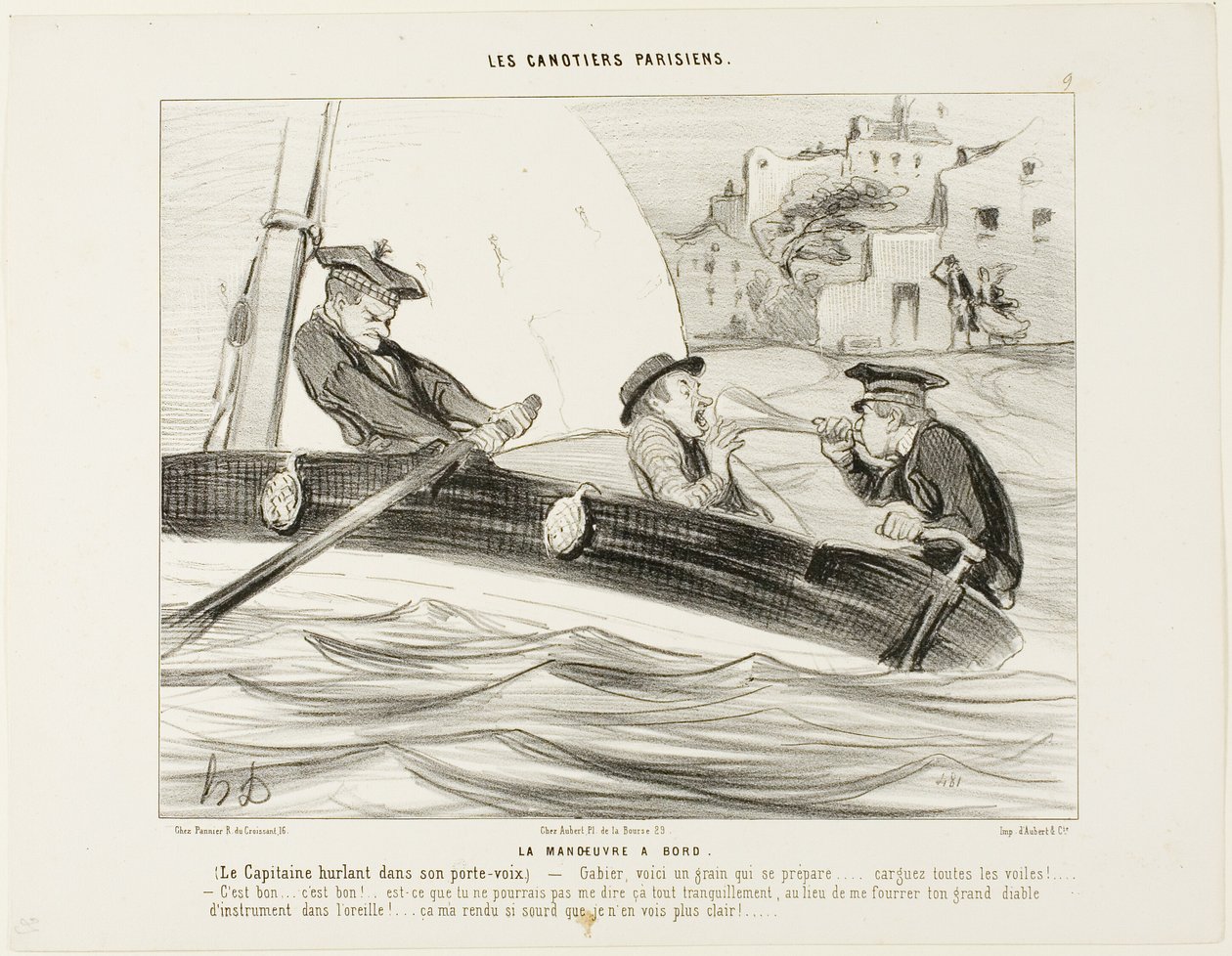 Una manovra navale. Il Capitano urla nella sua tromba: "Gabier! Si sta formando una burrasca, preparatevi! ..... Alzate tutte le vele!... Bene:.... molto bene! - Perché non me lo hai detto con calma invece di ficcarmi questo enorme strumento nell