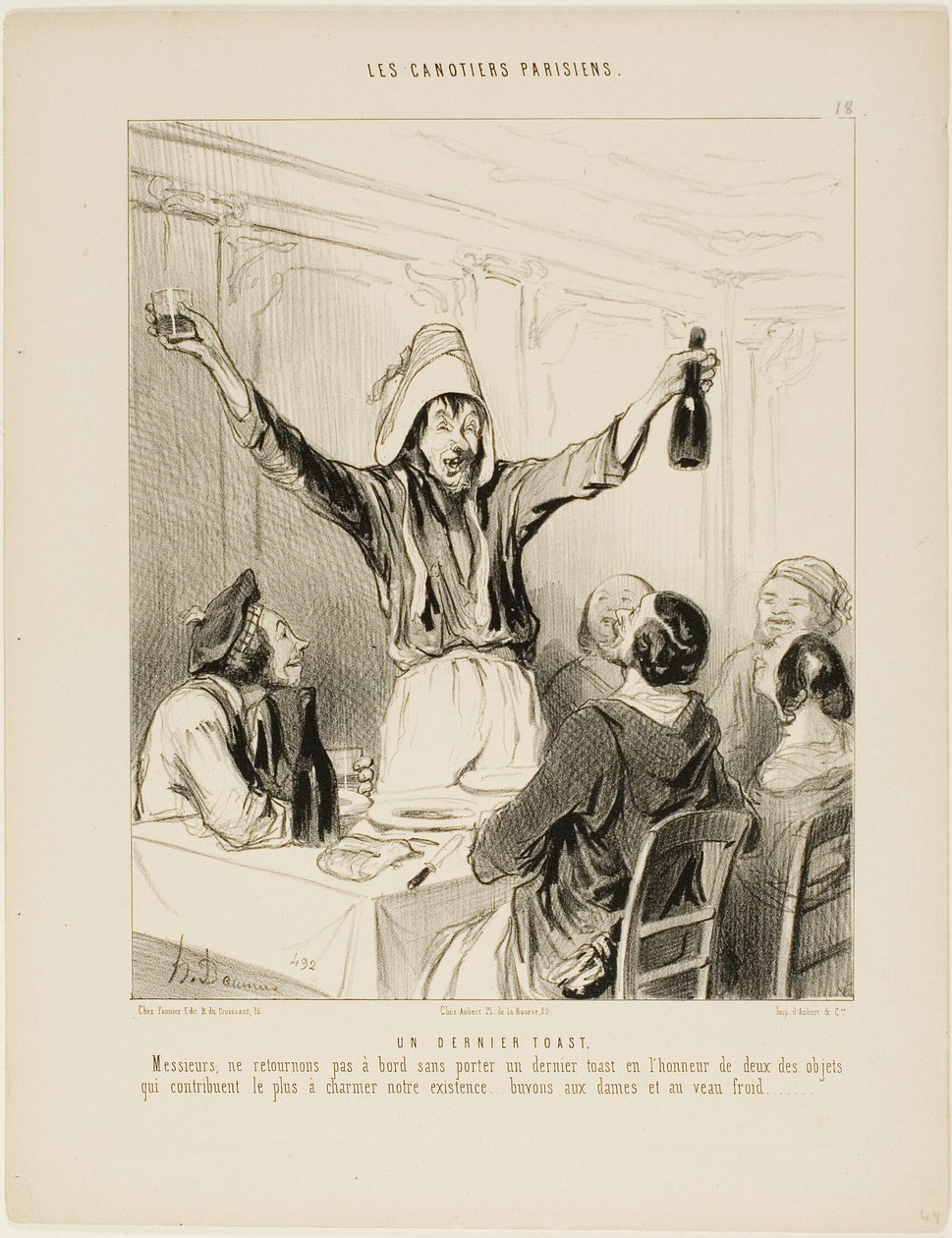 Un ultimo brindisi! "Signori, non torniamo a bordo senza un ultimo brindisi in onore delle due cose che più di tutte danno fascino alla nostra vita... brindiamo alle signore e al vitello freddo!", piatto 18 de Les Canotiers Parisiens da Honoré Victorin Daumier