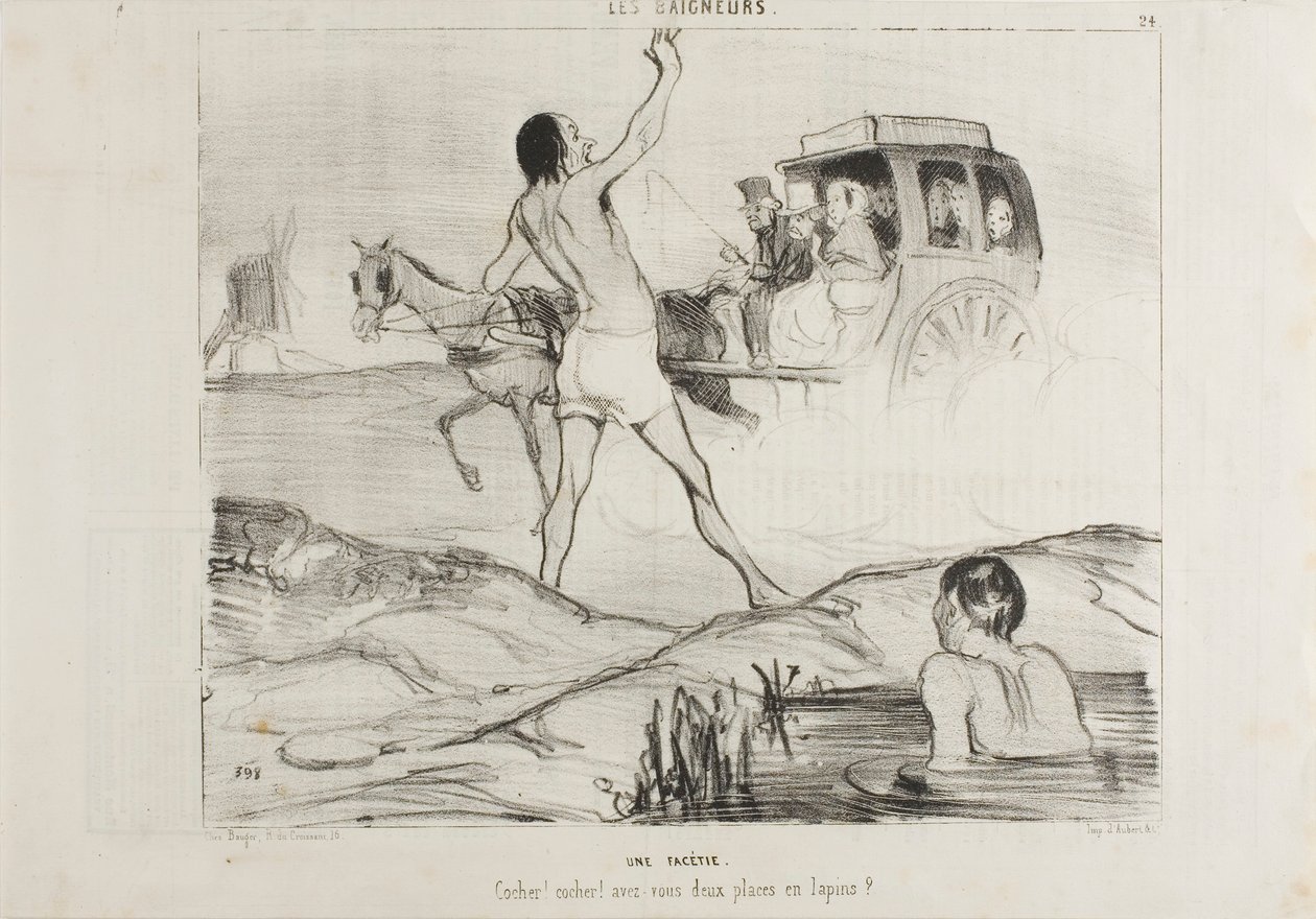 Uno scherzo pratico. "Autista! Autista! Avete ancora due posti nella sezione dei conigli", piatto 24 di Les Baigneurs. da Honoré Victorin Daumier
