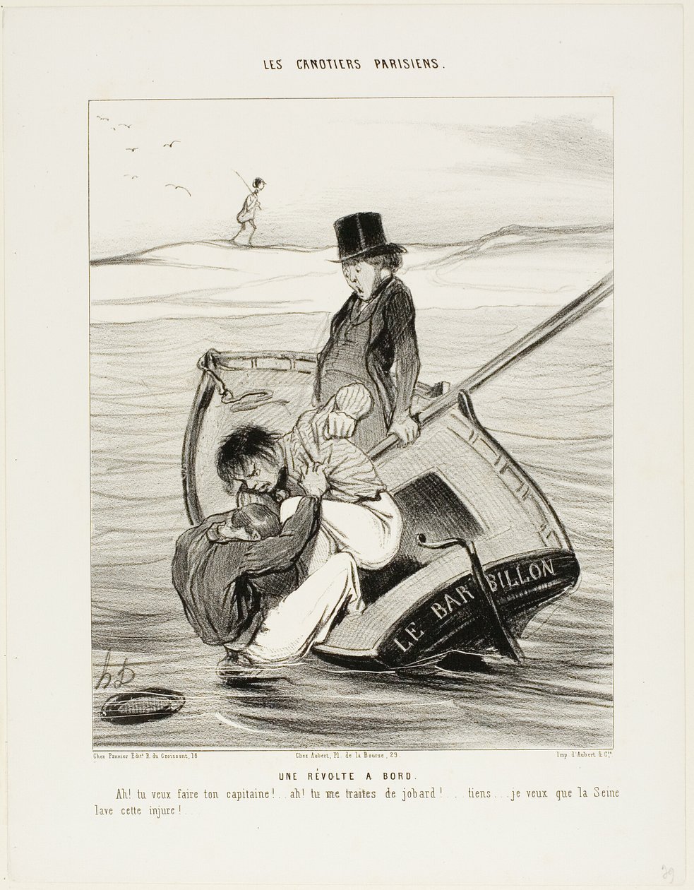 Una rivolta a bordo. "- Ah! Vuoi essere il capitano di te stesso!... - Ah! Mi tratti come un idiota... Ehi... Spero che la Senna lavi questo insulto!", tavola 13 di Les Canotiers Parisiens. da Honoré Victorin Daumier