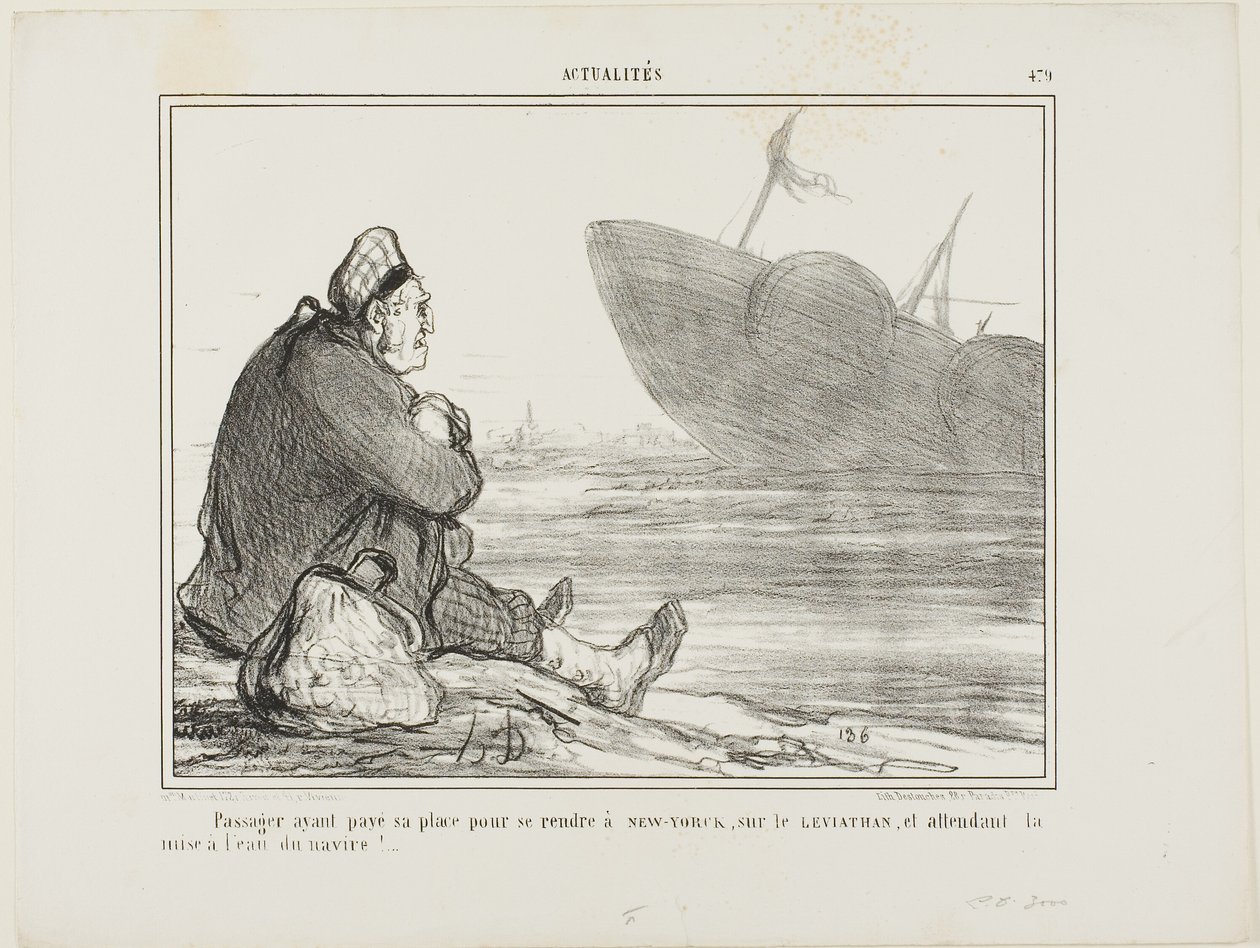 Un passeggero che ha pagato il suo biglietto per NEW YORK sul LEVIATHAN, in attesa che la nave venga finalmente messa in acqua, tavola 479 da Actualités da Honoré Victorin Daumier