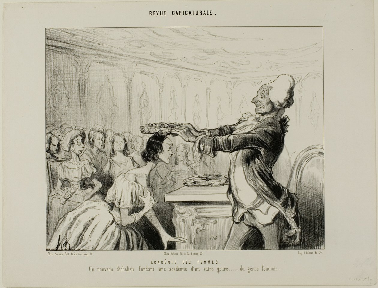 Accademia delle donne. Un nuovo Richelieu, che fonda una nuova Accademia di un genere diverso.... del genere femminile, tavola 33 della Revue Caricatureale da Honoré Victorin Daumier