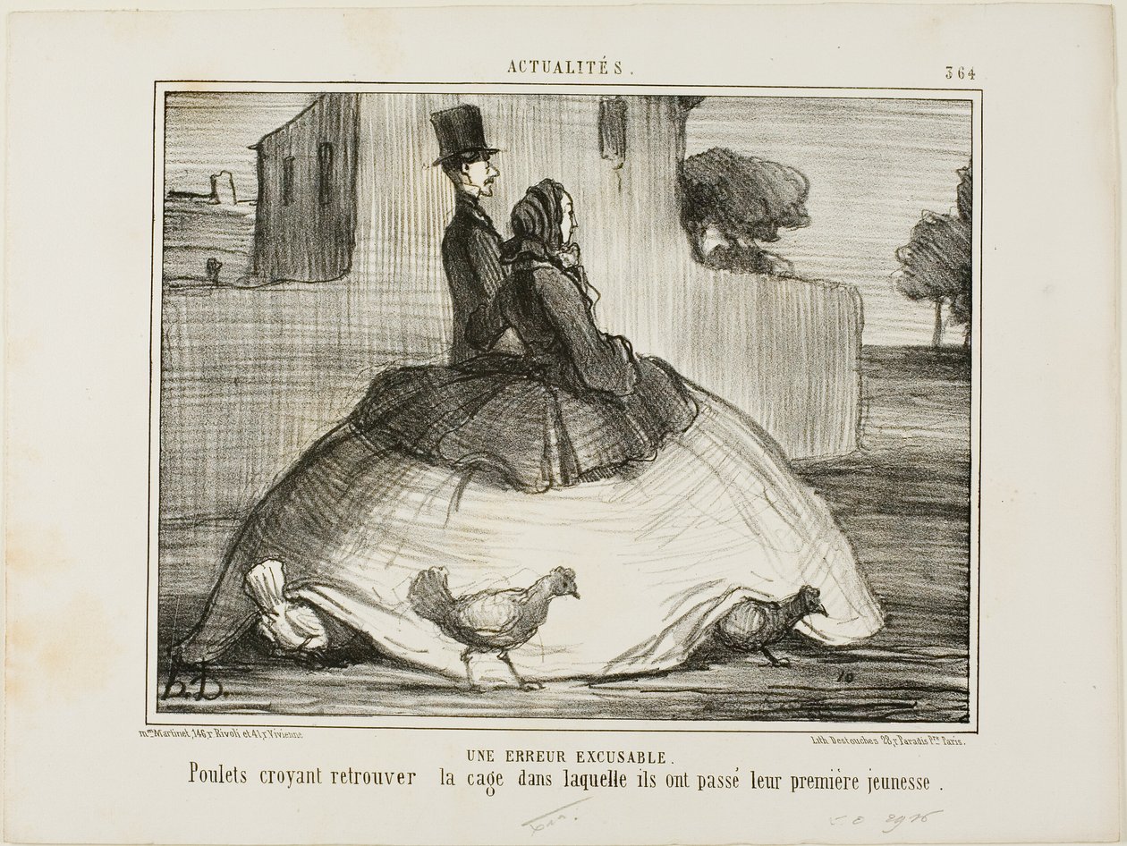 Un errore scusabile. Polli che pensano di aver ritrovato la gabbia dove hanno trascorso la loro prima infanzia, tavola 21 da La Crinolomanie da Honoré Victorin Daumier