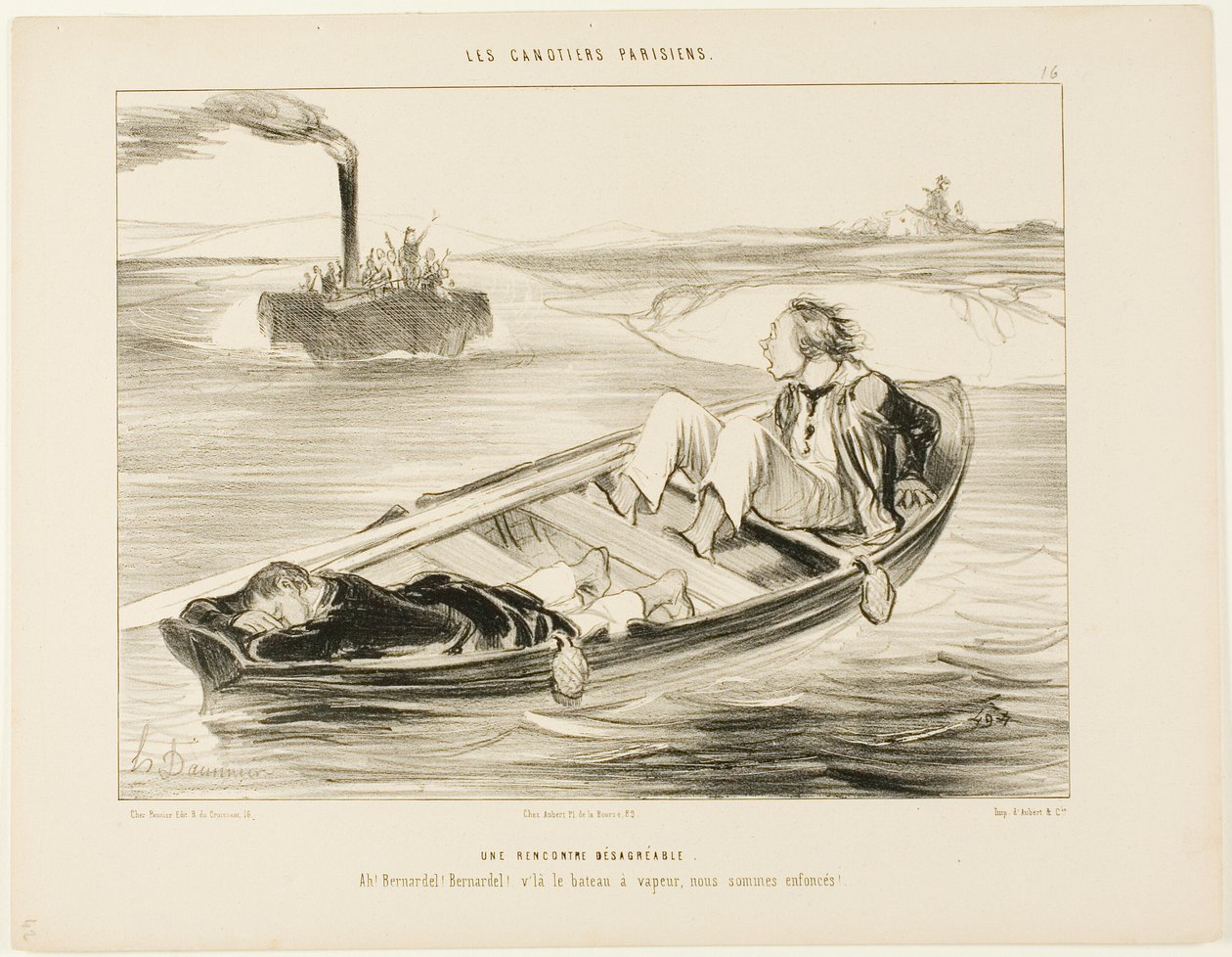 Un incontro sgradevole. "Bernardel, Bernardel! Arriva il piroscafo... affonderemo!", tavola 16 da Les Canotiers Parisiens da Honoré Victorin Daumier