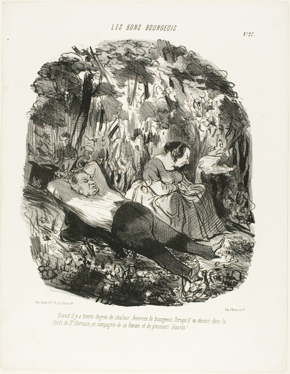 A 30°C, fortunato colui che può fuggire e sonnecchiare nella foresta di Saint-Germain accompagnato dalla moglie e da qualche lucertola, piatto 27 di Les Bons Bourgeois da Honoré Victorin Daumier