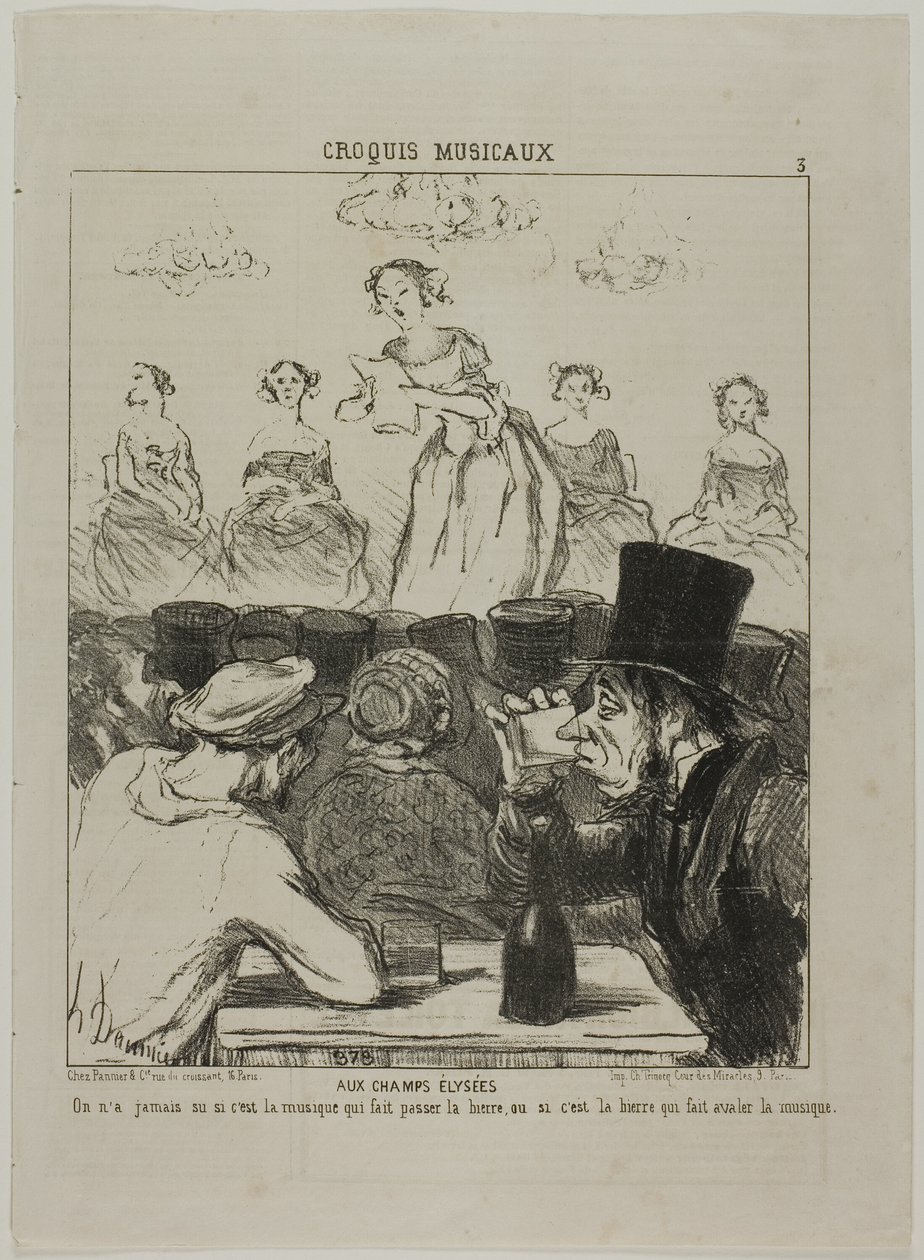 Agli Champs-Elysées. Non è mai stato chiaro se sia la musica a far scendere la birra, o la birra a far scendere la musica, piatto 3 da Croquis Musicaux da Honoré Victorin Daumier
