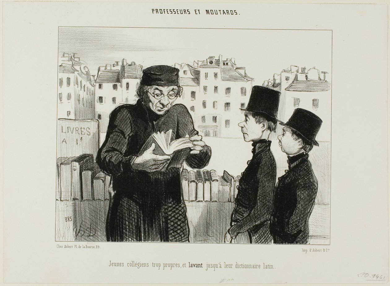 Giovani liceali puliti, cercano persino di vendere il loro dizionario di latino, piatto 24 di Professeurs et Moutards (Professori e furfanti) da Honoré Victorin Daumier
