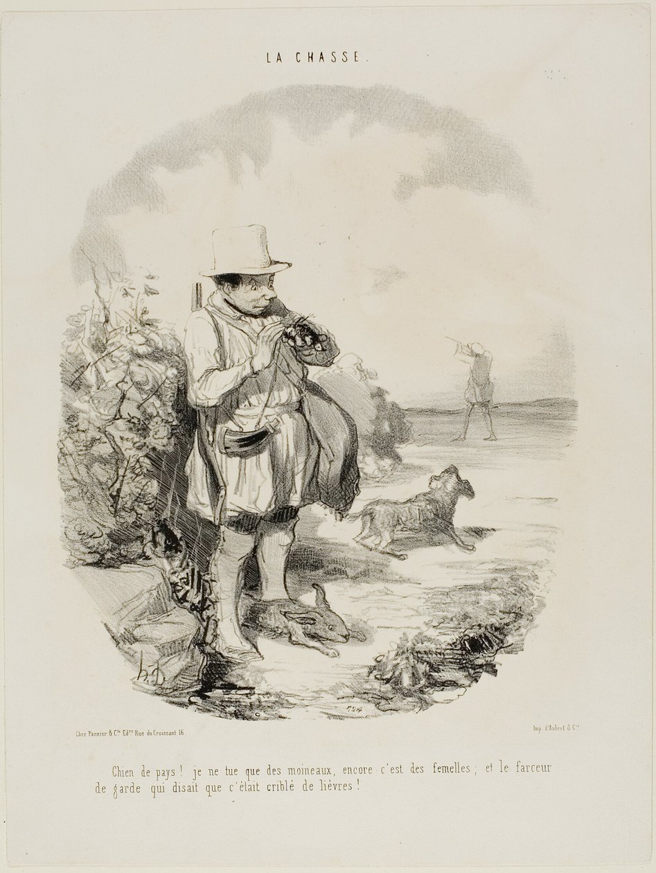 "Maledetto paese! Io sparo solo alle passere.... e solo alle femmine... e questo ingegnoso guardiano insisteva che il posto è pieno di conigli", targa 5 di La Chasse da Honoré Victorin Daumier