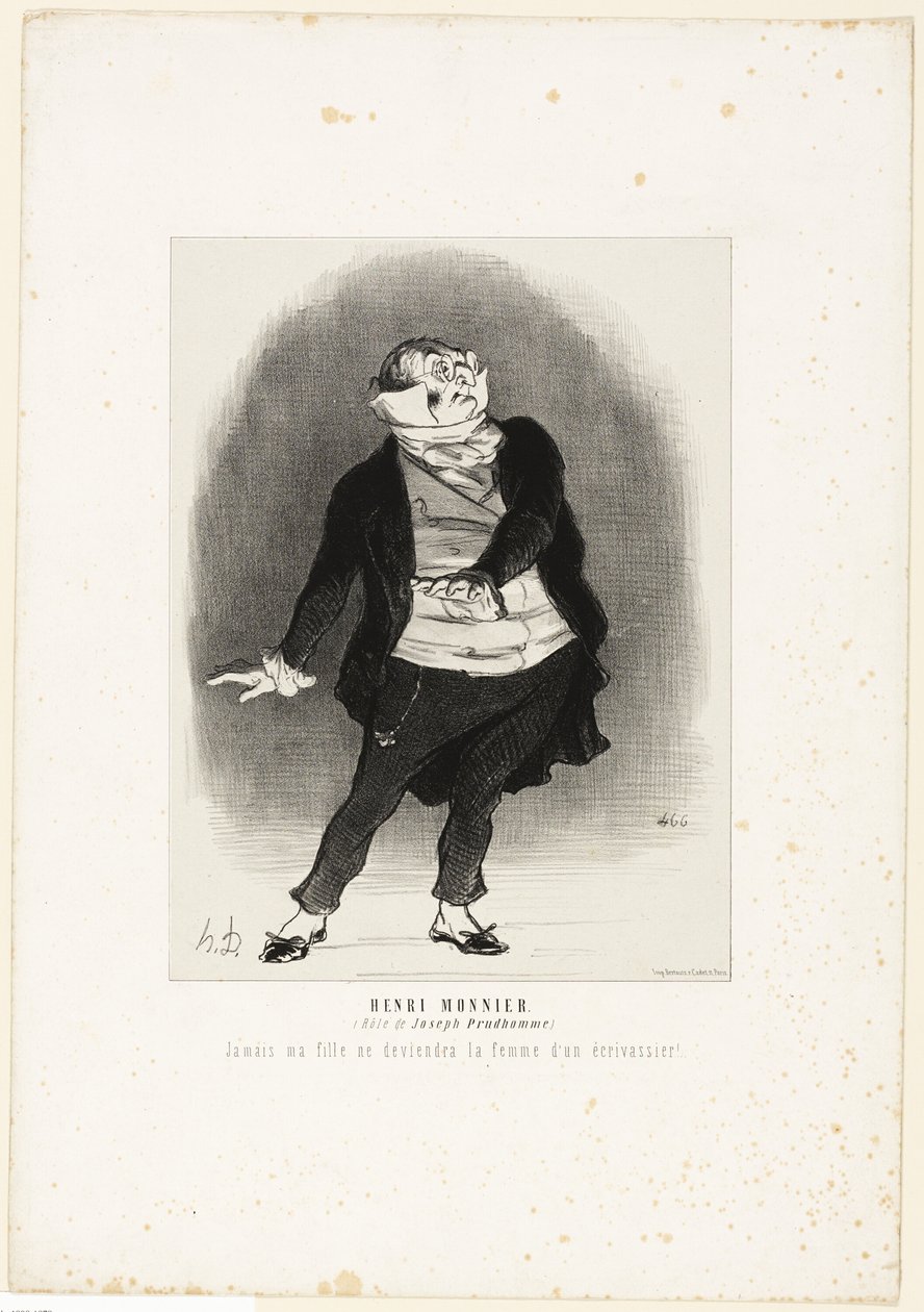 Henri Monnier. (nel ruolo di Joseph Prudhomme) "- Non permetterò mai che mia figlia diventi la moglie di uno scribacchino!", tavola 1 da Les Artistes Contemporains (Odéon) da Honoré Victorin Daumier