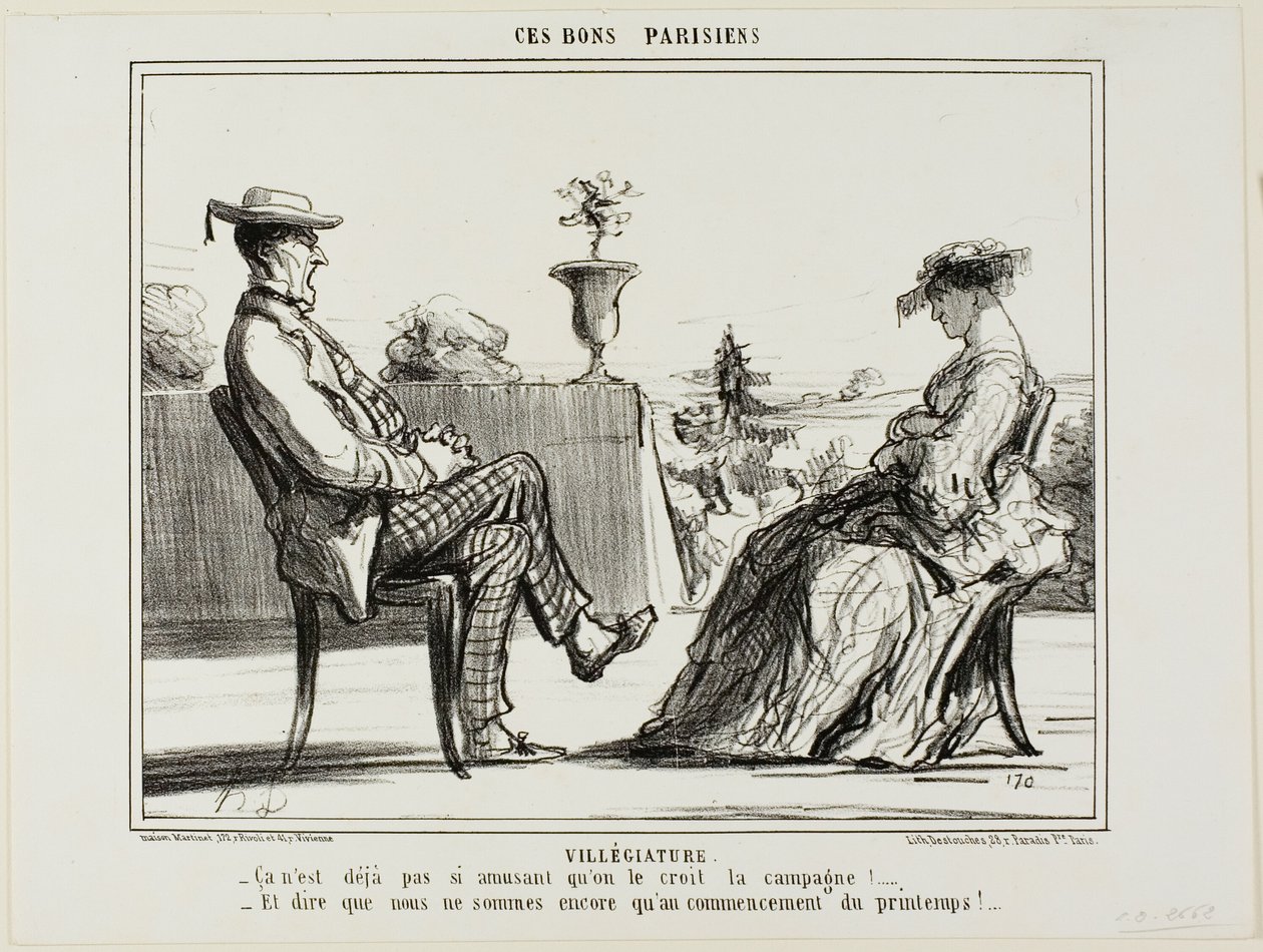 Vacanze in campagna. "La vita in campagna non è poi così divertente, come dicono tutti. - E pensare che la primavera è appena cominciata", piatto 14 di Ces Bons Parisiens da Honoré Victorin Daumier