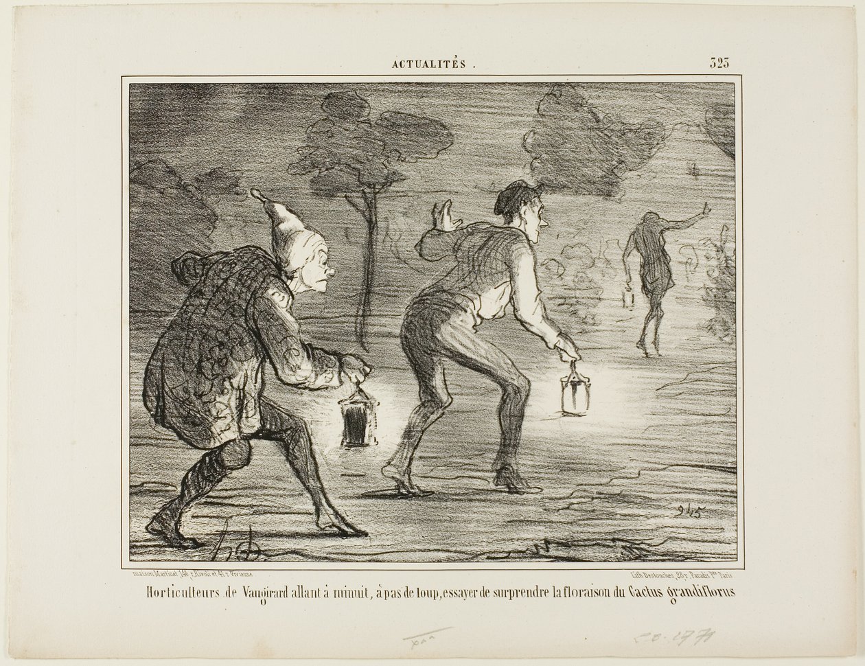 Orticoltori di Nanterre in punta di piedi a mezzanotte verso il cactus grandiflorus per sorprenderlo nella sua fioritura, piatto 323 da Actualités da Honoré Victorin Daumier