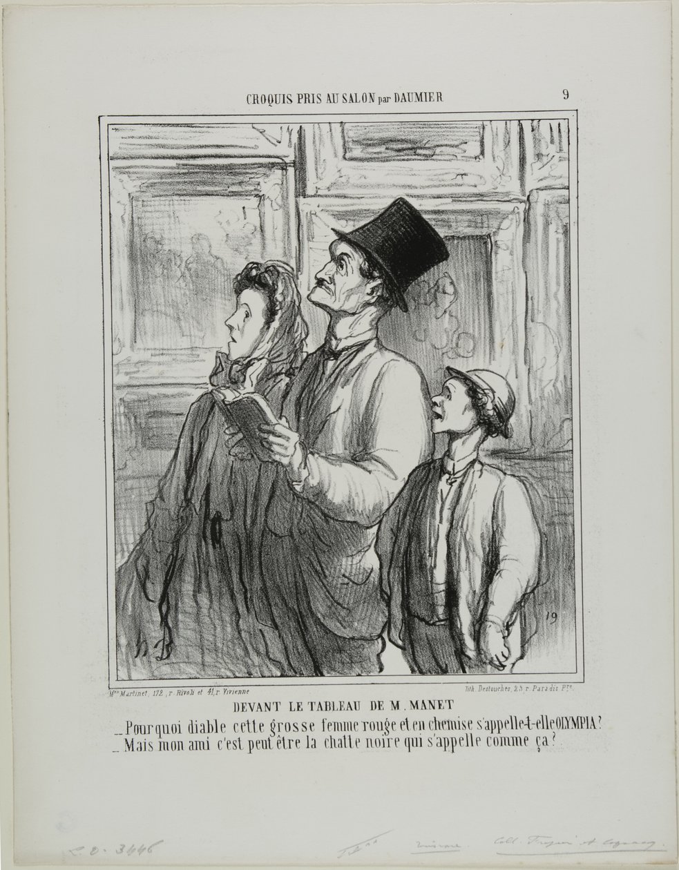 Guardando il dipinto di Manet. "Perché questa donna grassa e rossa in camicia da notte si chiama Olympia - Ma mia cara, forse è il nome del gatto nero", tavola 9 di Croquis Pris Au Salon par Daumier. da Honoré Victorin Daumier
