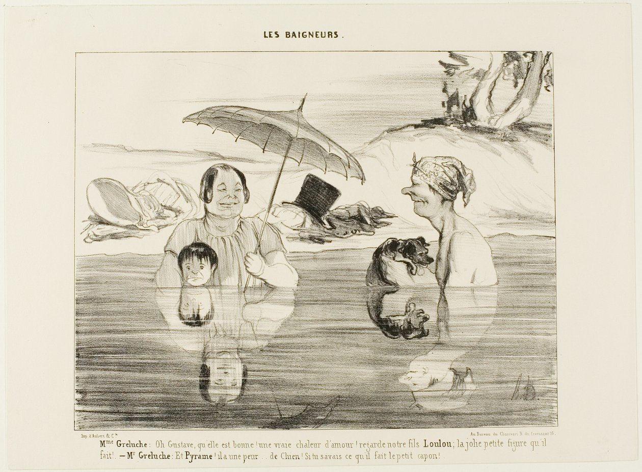 Madame Greluche: "Oh, Gustave, che bello! Un vero calore rilassante! Guardate nostro figlio Loulou; che faccia carina che fa!". Signor Greluche: "E Piramo, ha paura, ha paura come un cane. Se solo sapeste cosa sta facendo in questo momento, il piccolo furf da Honoré Victorin Daumier
