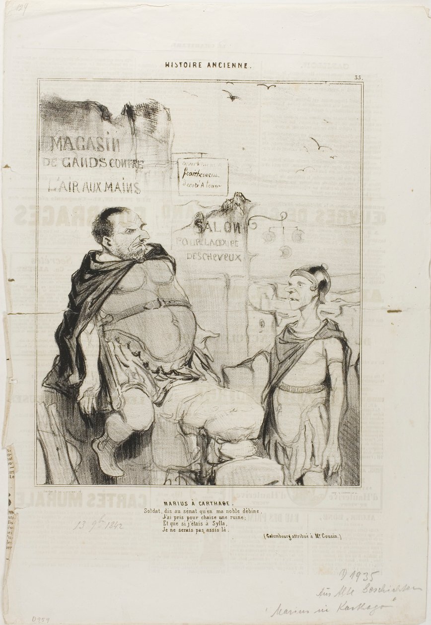 Mario a Cartagine. Soldato, dì al Senato che nella mia nobile povertà ho preso per sedia una rovina e se fossi in Silla non sarei seduto qui. (Gioco di parole attribuito a M. Cousin), lastra 35 da Histoire Ancienne da Honoré Victorin Daumier