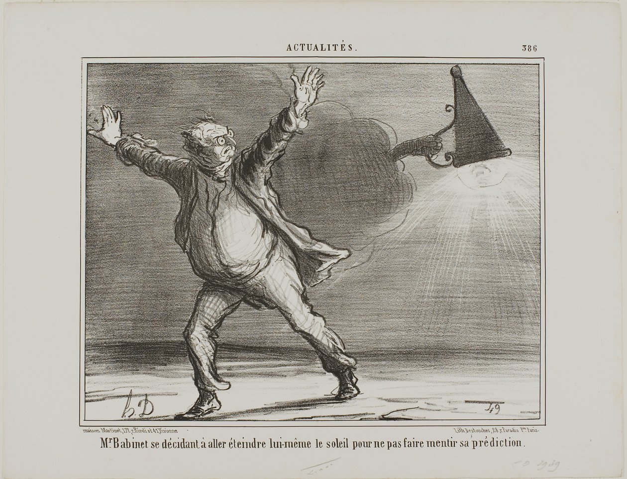 Monsieur Babinet decide di spegnere personalmente il sole affinché le sue previsioni si avverino, tavola 386 di Actualités da Honoré Victorin Daumier