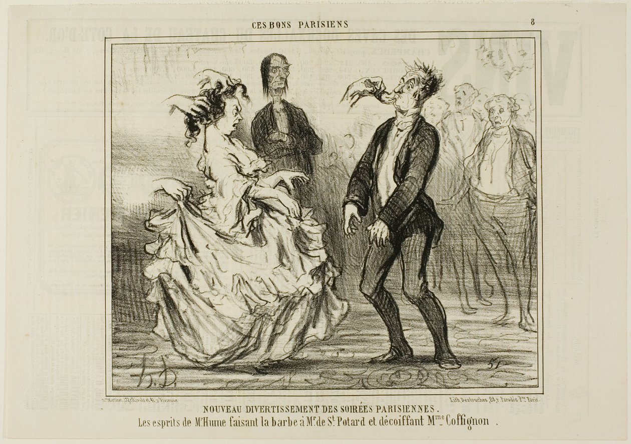 Nuovi intrattenimenti nelle feste serali parigine. Lo spirito del signor Hume che rade la barba a Monsieur de St. Potard e scioglie i capelli a Madame Coffignon, tavola 8 da Ces Bons Parisiens da Honoré Victorin Daumier