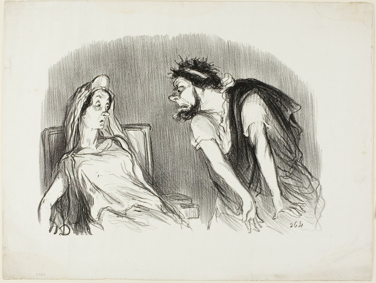 Oedipe. "Quando la mia spada ha tagliato il suo cuore sanguinante - Voi state tremando Madame - È stato allora che il mondo stava cadendo a pezzi", tavola dieci di Physionomies tragiques. da Honoré Victorin Daumier