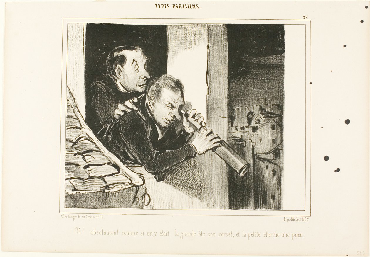 "Oh! È come se fossimo lì: quella alta apre il suo corsetto e la piccola cerca una pulce!", piatto 27 di Types Parisiens da Honoré Victorin Daumier