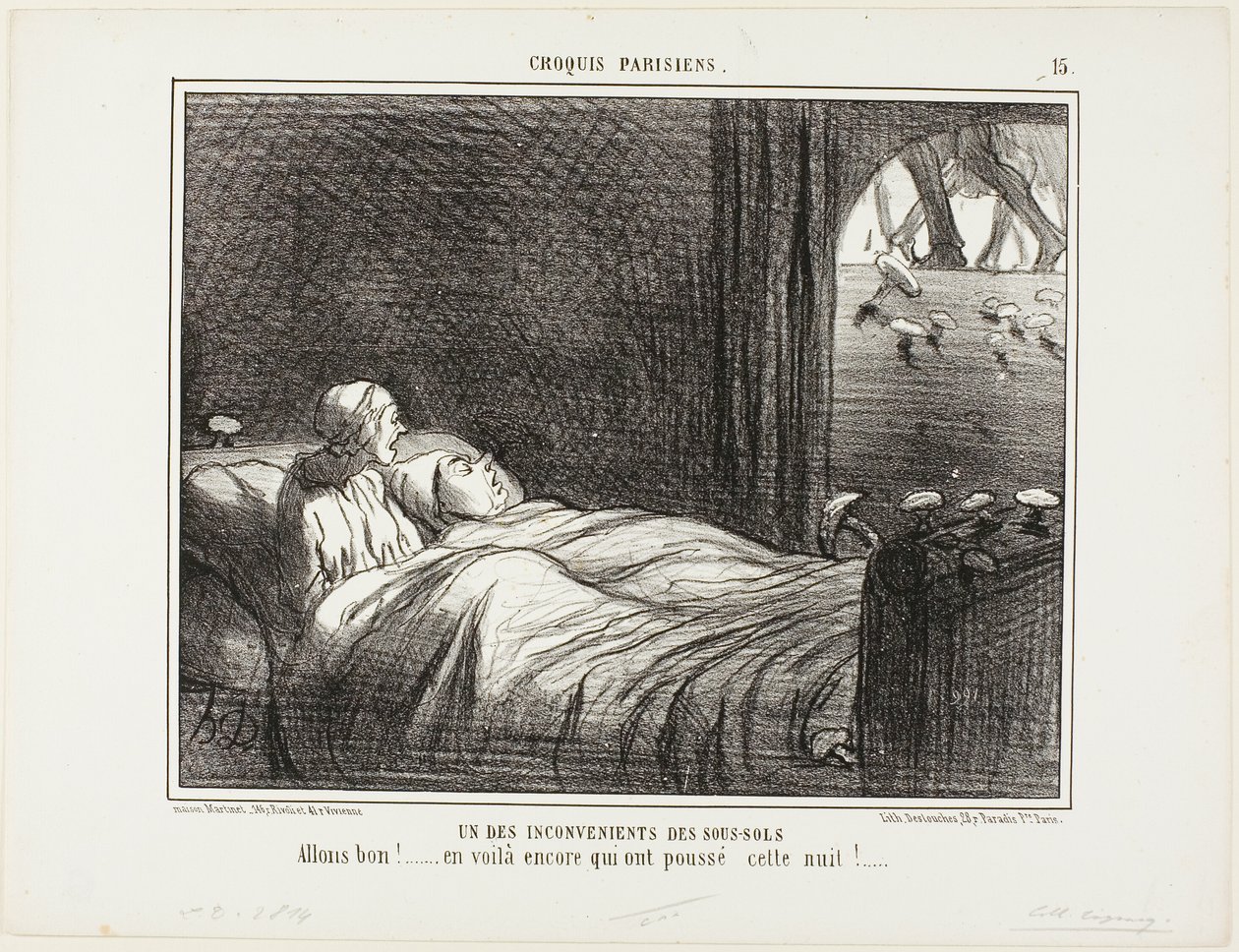 Uno degli svantaggi di vivere in cantina. "Guarda, eccone altre che sono cresciute ieri sera...", piatto 15 da Croquis Parisiens da Honoré Victorin Daumier