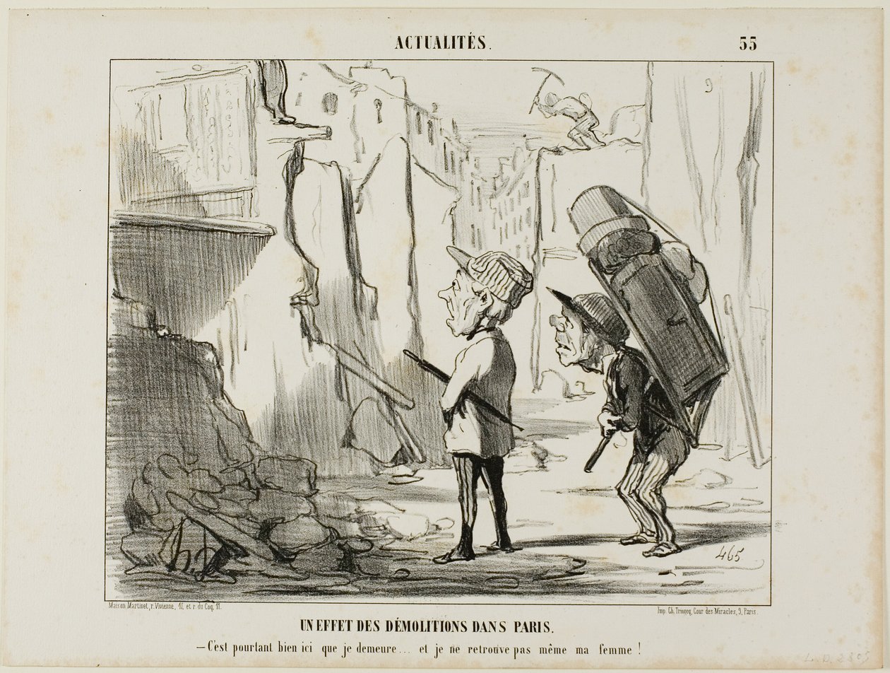 Risultato della demolizione di edifici a Parigi. "- Dopotutto, è qui che vivevo.... e non riesco più a trovare mia moglie", targa 55 di Actualités da Honoré Victorin Daumier