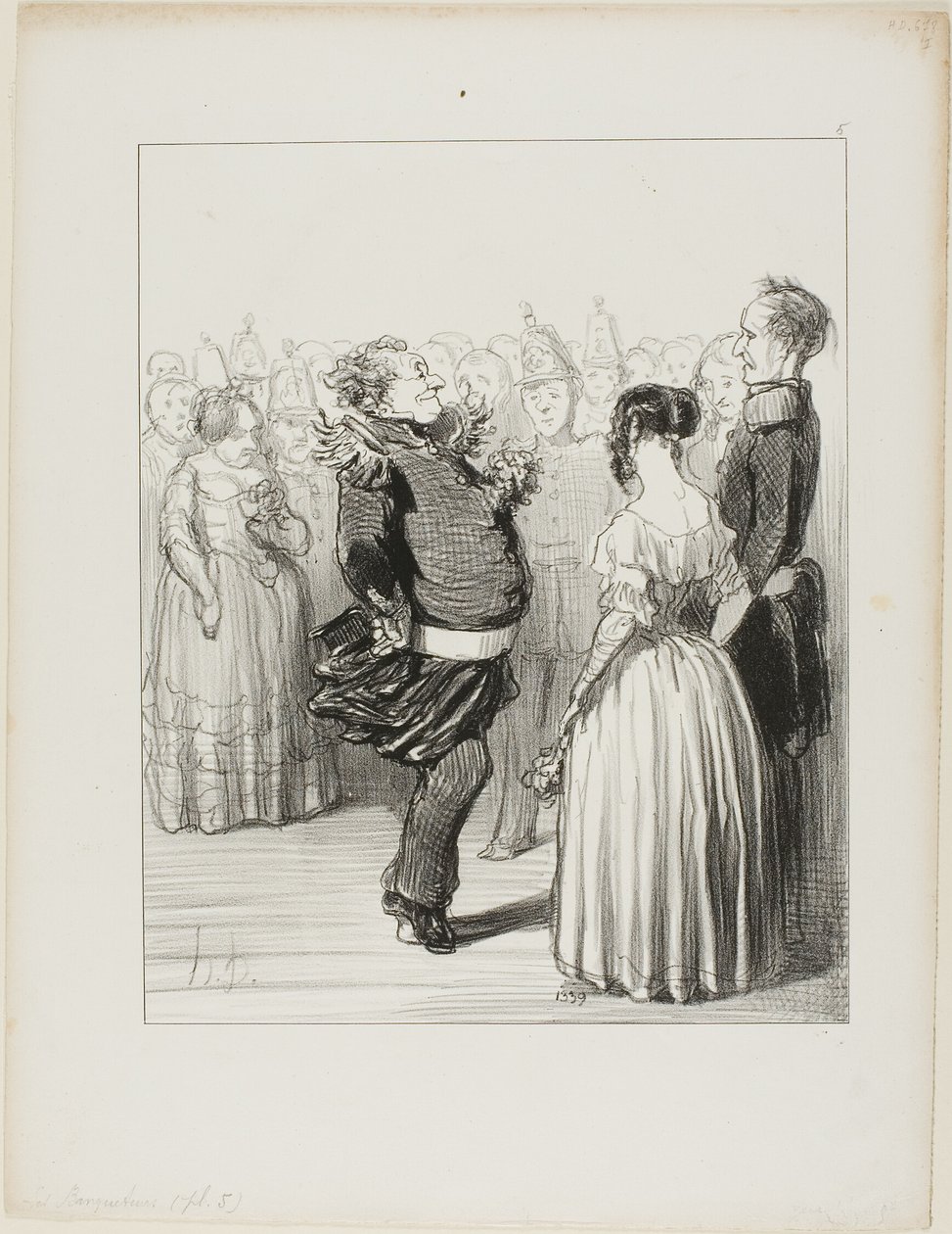 Rifolard apre la palla ed esegue un audace passo di danza in avanti, che riceve molti elogi, il piatto 5 di Les Banqueteurs. da Honoré Victorin Daumier