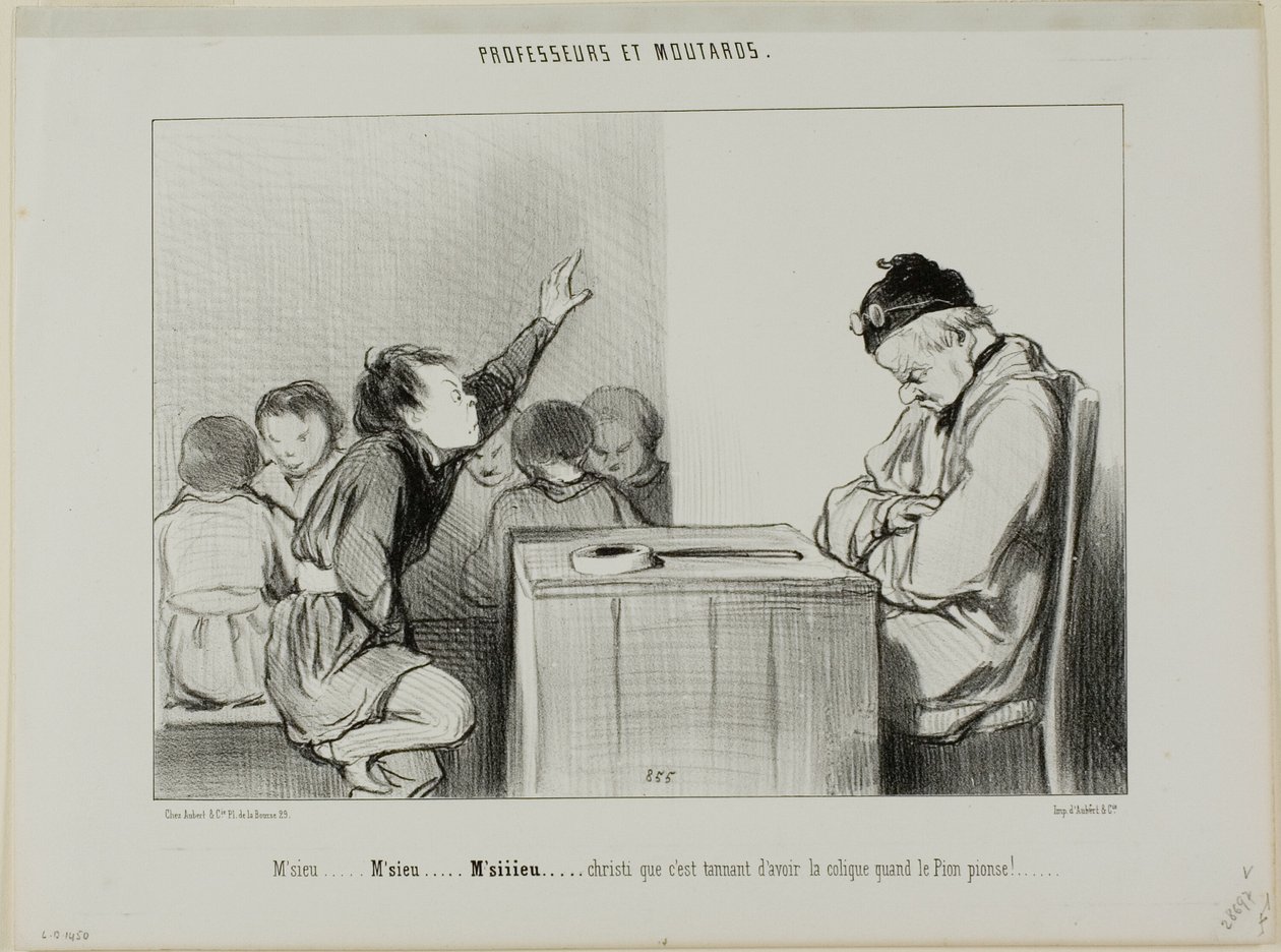 "Signore... Signore... Siiiirrrr... Cristo, è fastidioso avere una colica quando il supervisore sorveglia", piatto 13 da Professeurs Et Moutards da Honoré Victorin Daumier