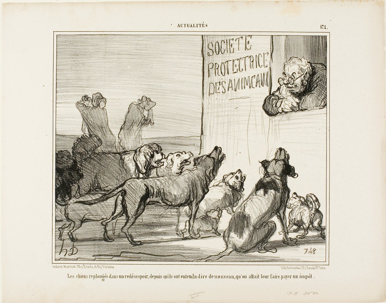 I cani si disperano di nuovo dopo aver saputo che ci sarà una nuova tassa sulla licenza dei cani, targa 171 di Actualités da Honoré Victorin Daumier