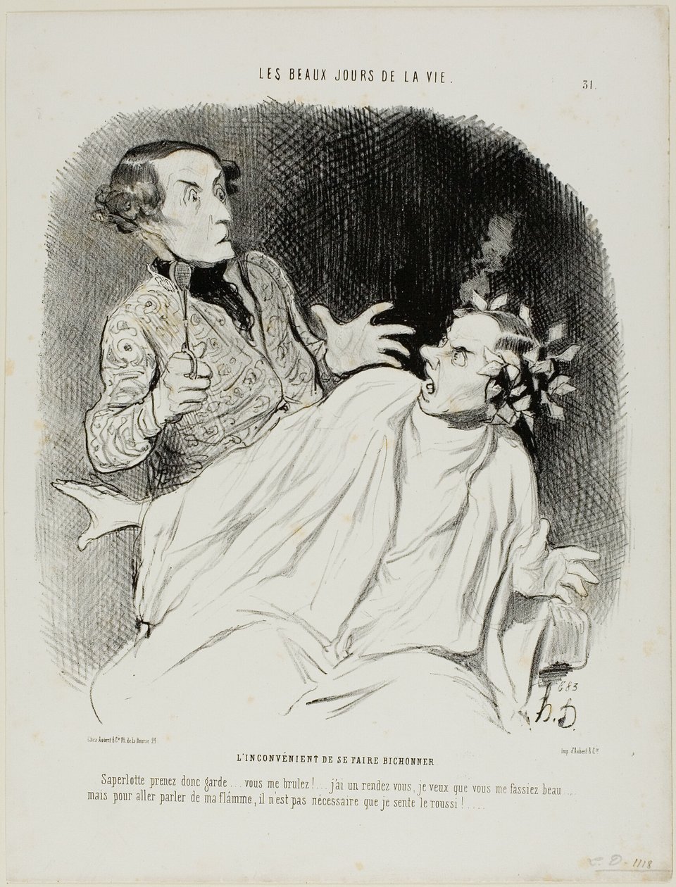 Il disagio di farsi arricciare i capelli. "Oh blast.... guarda qui, attento... mi stai bruciando.... Sto conoscendo qualcuno e voglio che mi faccia fare bella figura....... ma per dichiarare la mia passione bruciante, non ho bisogno di sentire odore di bru da Honoré Victorin Daumier