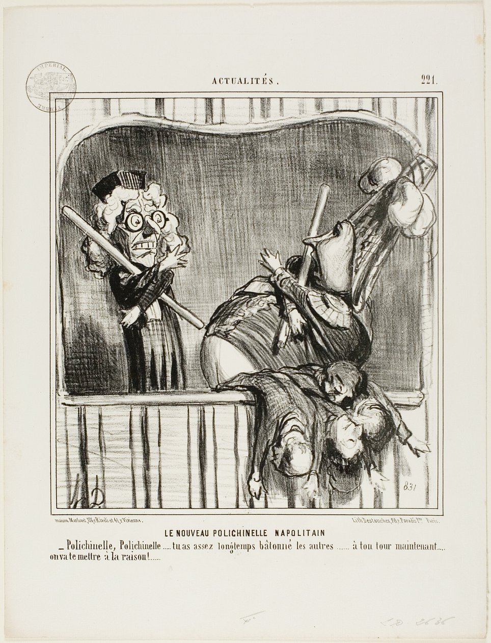 Il Nuovo Buffone Napoletano. "- Polichinelle, Polichinelle, avete randellato gli altri abbastanza a lungo... ora tocca a voi. Ti porteremo alla ragione...", piatto 221 di Actualités da Honoré Victorin Daumier