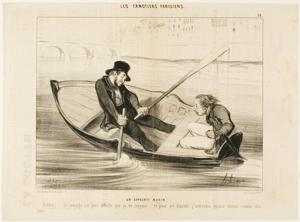 Il marinaio alle prime armi. "Diavolo... il canottaggio è molto più difficile di quanto pensassi! E per divertirmi davvero, preferirei attaccare i piselli", tavola 19 di Les Canotiers Parisiens. da Honoré Victorin Daumier