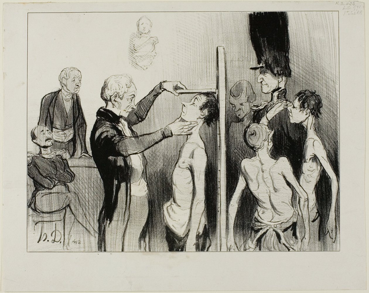 Il comitato di reclutamento. "Non è uno spettacolo glorioso: questi nobili giovani francesi pieni di ardore, forza ed eleganza pronti a difendere il loro onore sotto le bandiere di Marte", tavola 35 di Caricatures Du Jour. da Honoré Victorin Daumier