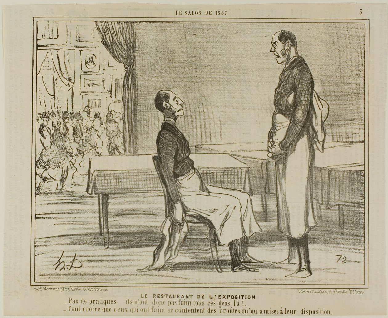 Il ristorante della mostra. "Non ci sono clienti... Non hanno fame - Immagino che gli affamati stiano mangiando gli stuzzichini che gli sono stati offerti", piatto 3 da Le Salon De 1857 da Honoré Victorin Daumier