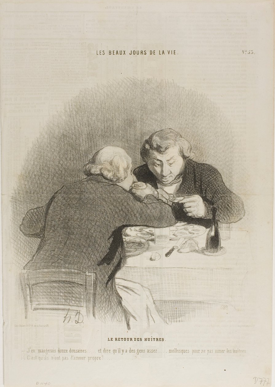 Il ritorno della stagione delle ostriche. "Potrei mangiarne dodici dozzine... Immaginate che ci siano persone a cui non piacciono le ostriche... Non hanno rispetto per se stessi...", piatto 53 di Les Beaux Jours De La Vie. da Honoré Victorin Daumier