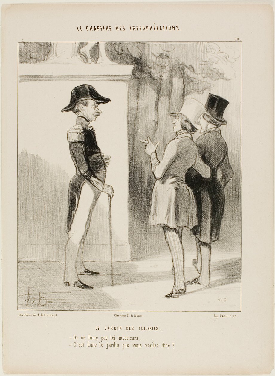 I giardini delle Tuileries. "Non si fuma qui, signore! - Intende dire in giardino", tavola 10 da Le Chapitre Des Interprétations da Honoré Victorin Daumier