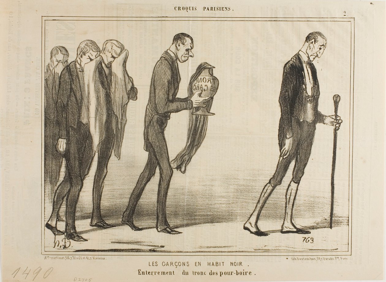 Il cameriere in abito nero. Funerale della scatola delle mance, tavola 2 da Croquis Parisiens da Honoré Victorin Daumier