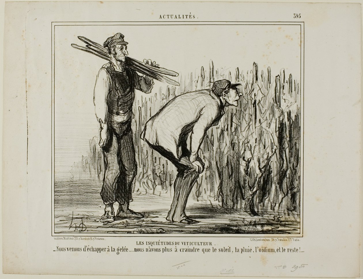 Le preoccupazioni di un viticoltore. "- Siamo scampati al gelo..... ora dobbiamo solo preoccuparci del sole, della pioggia, della muffa della vite e di tutto il resto...", piatto 397 da Actualités da Honoré Victorin Daumier