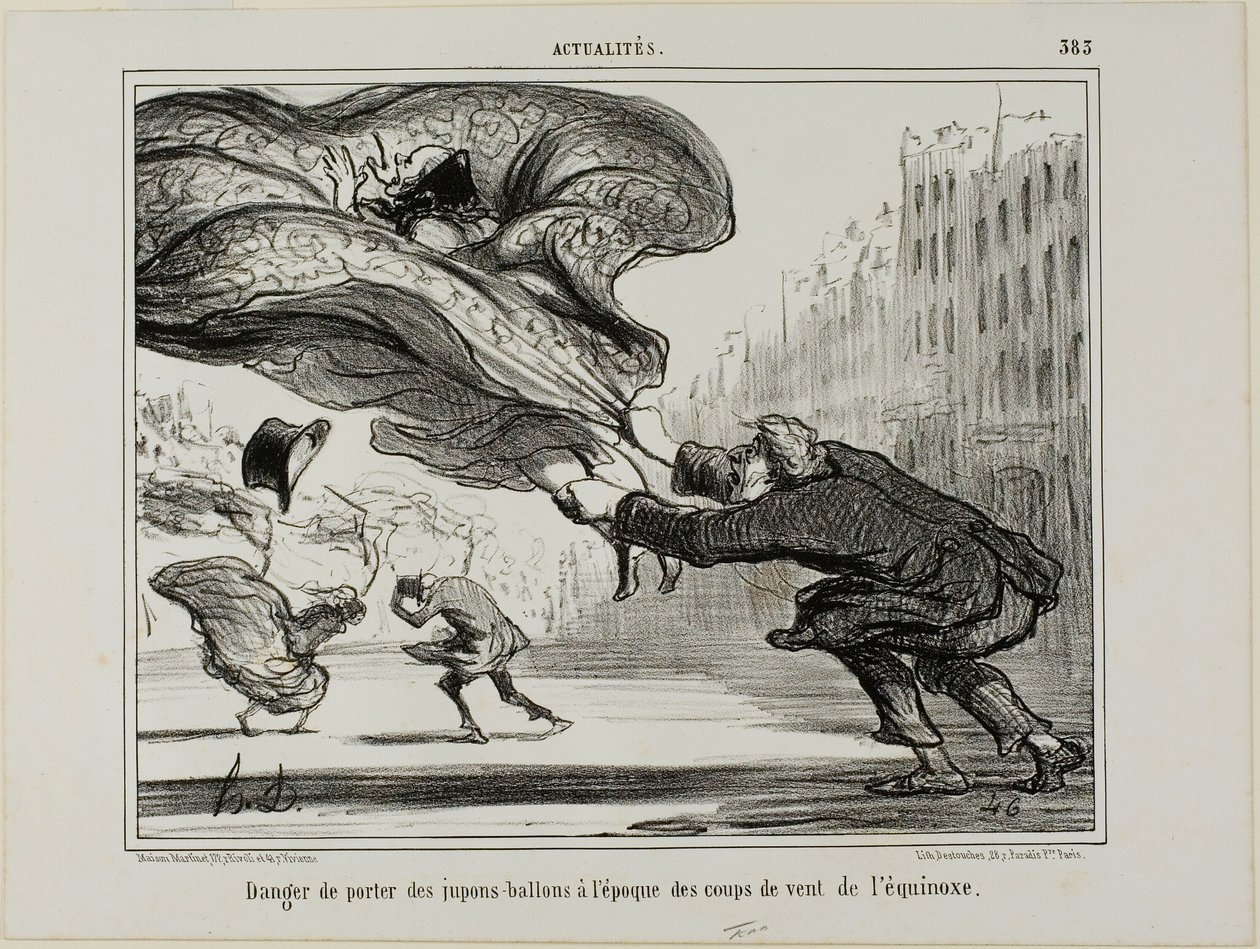 Il pericolo di indossare gonne a cerchio durante un improvviso temporale primaverile, piatto 26 da La Crinolomanie da Honoré Victorin Daumier