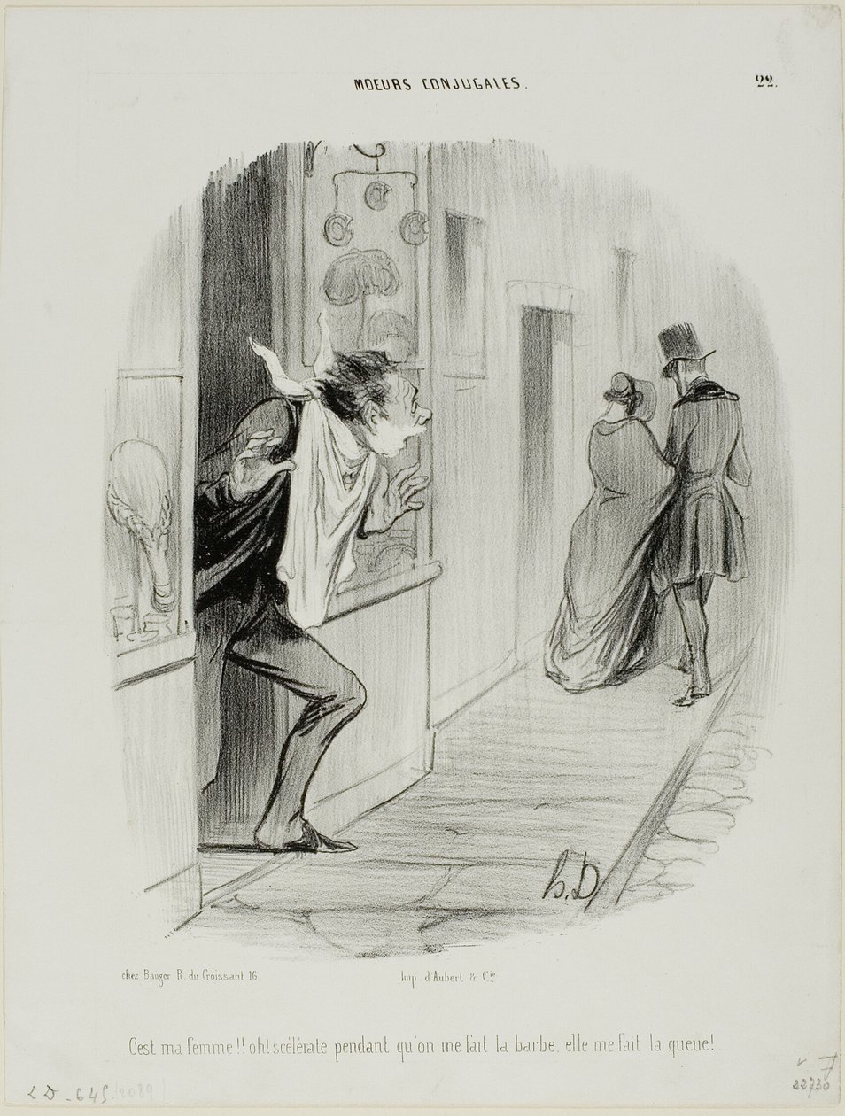 "Ecco mia moglie! Oh, la disgraziata, mentre mi faccio la barba mi sta facendo cornuto!", piatto 22 da Moeurs Conjugales da Honoré Victorin Daumier